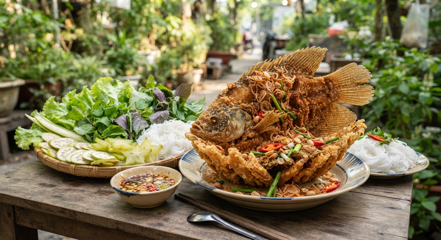 Cá tai tượng chiên giòn rụm kết hợp rau sống miệt vườn